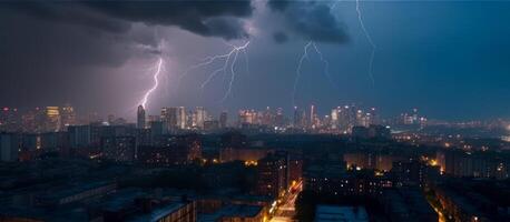 Donner und Blitz im das Nacht Himmel von das Stadt generativ ai foto