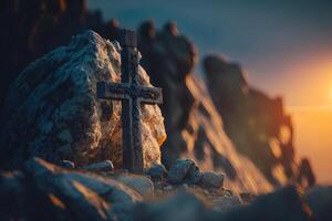 Stein Kreuz mit Sonne Licht, göttlich Licht generativ ai foto