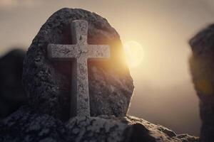 Stein Kreuz mit Sonne Licht, göttlich Licht generativ ai foto