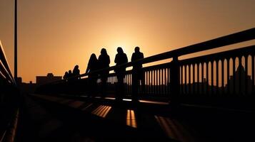 Silhouetten Menschen Gehen auf das Brücke auf Sonnenuntergang Hintergrund generativ ai foto