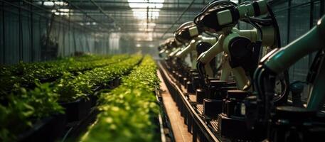 Roboter Arm Ernte Grün Grüner Salat im ein Gewächshaus generativ ai foto