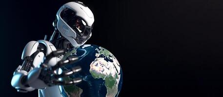 Roboter halten Planet Erde, Cyborgs Regel das Welt Kopieren Raum generativ ai foto