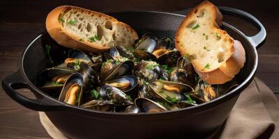 Meer Muscheln mit Knoblauch Croutons und Kräuter generativ ai foto