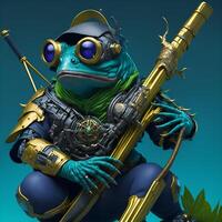 dunkel Cyber Punk Frosch Scharfschütze tragen Kopfhörer mit cyan Rüstung golden Gradient ai generiert Inhalt foto