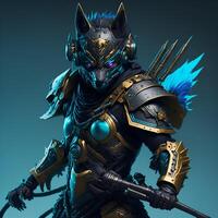 dunkel Cyber Punk Wolf Ninja tragen Kopfhörer mit cyan Rüstung golden Gradient halten Schwert ai generiert Inhalt foto