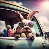 süß Ostern Hase mit Sonnenbrille suchen aus von ein Auto abgelegt mit Ostern Eier, ai generativ foto