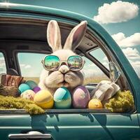 süß Ostern Hase mit Sonnenbrille suchen aus von ein Auto abgelegt mit Ostern Eier, ai generativ foto