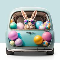 süß Ostern Hase mit Sonnenbrille suchen aus von ein Auto abgelegt mit Ostern Eier, ai generativ foto