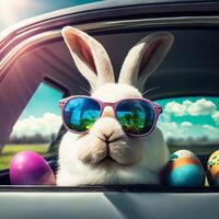 süß Ostern Hase mit Sonnenbrille suchen aus von ein Auto abgelegt mit Ostern Eier, ai generativ foto