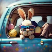 süß Ostern Hase mit Sonnenbrille suchen aus von ein Auto abgelegt mit Ostern Eier, ai generativ foto