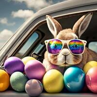 süß Ostern Hase mit Sonnenbrille suchen aus von ein Auto abgelegt mit Ostern Eier, ai generativ foto