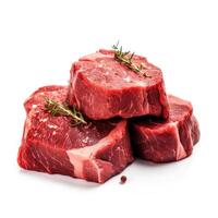 Scheiben von Rindfleisch Fleisch Essen isoliert Bild zum spotten oben Illustration immer noch Bild Weiß Hintergrund mit generativ ai foto