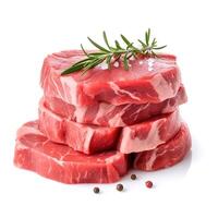 Scheiben von Rindfleisch Fleisch Essen isoliert Bild zum spotten oben Illustration immer noch Bild Weiß Hintergrund mit generativ ai foto