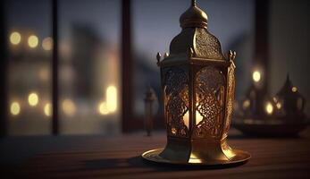 heilig Monat von Ramadan Konzept. vergraben, glühend golden Lampe, generativ ai foto