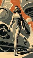 Illustration von Frau mit Zukunft Technologie im retro futuristisch 30er Jahre Stil Poster ,generativ ai foto