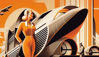 Illustration von Frau und Transport mit Zukunft Technologie im retro futuristisch 30er Jahre Stil Poster ,generativ ai foto