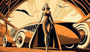 Illustration von Frau und Transport mit Zukunft Technologie im retro futuristisch 30er Jahre Stil Poster ,generativ ai foto