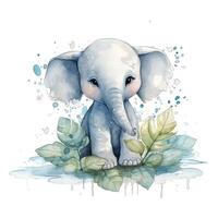 Aquarell Porträt mit Farbe spritzt von ein süß wenig elefant Sitzung auf Blätter. generiert ai. foto