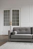 grau modern Sofa im das Innere von ein gemütlich Leben Zimmer foto