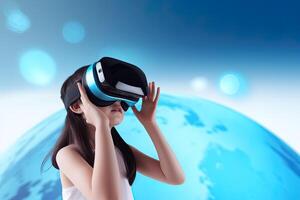 ein jung Mädchen tragen ein virtuell Wirklichkeit Headset im das Stil von Blau und schwarz. ai generiert foto