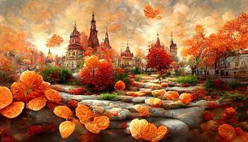 Herbst Landschaft, Stadt Park Landschaft mit Bäume mit Gelb und Orange Laub und fallen Blätter. Öffentlichkeit Garten mit Pflanzen und Wege im fallen, Vektor Karikatur. generativ ai foto