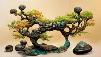 außergewöhnlich japanisch Stil Illustration von spirituell Baum auf Felsen. generativ ai foto