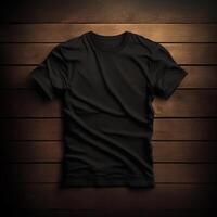 leer schwarz T-Shirt auf ein hölzern Oberfläche, generativ ai foto