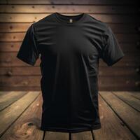 leer schwarz T-Shirt auf ein hölzern Oberfläche, generativ ai foto