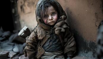obdachlos Kinder von Krieg die Opfer, klein Kinder mit traurig Ausdrücke, generativ ai foto