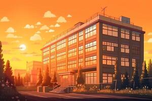Schule Gebäude auf ein Sonnenuntergang ohne Menschen im Anime Stil. generiert ai. foto