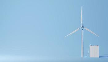 Konzept von Grün Energie. Windmühle oder Wind Turbine mit Batterie auf Blau Hintergrund. 3d Illustration foto