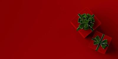 Weihnachten oder glücklich Neu Jahr. rot Hintergrund 3d Geschenk Flitter Bälle Gold und Grün Schleife. Weihnachten Poster, Gruß Karten. eben legen, oben Sicht. Weihnachten 3d machen Illustration foto
