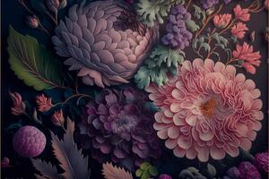 Hand gemalt Blumen wie ein üppig Muster Öl gemalt Foto. generativ ai foto