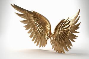 vergoldet Engel Flügel auf ein Weiß Hintergrund Gold Gefieder. generativ ai foto
