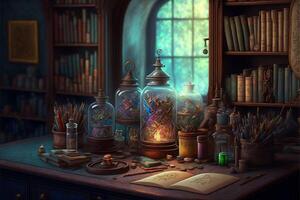 Zauberer Schule Zimmer magisch Bücher schwebend. generativ ai foto