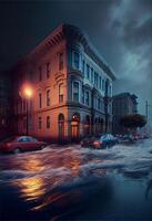 Autos Fahren durch ein überflutet Straße beim Nacht. generativ ai. foto