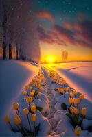 Feld von Tulpen im das Schnee beim Sonnenuntergang. generativ ai. foto