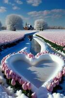 Herz geformt Anordnung von Rosa und Gelb Rosen im das Schnee. generativ ai. foto