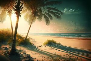 atemberaubend Landschaft von Strand mit Palme Sonnenschein. generativ ai foto