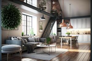 Neu modern skandinavisch Dachgeschoss Wohnung. generativ ai foto