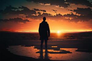 Silhouette Mann Stehen durch Meer gegen Himmel während Sonnen. generativ ai foto