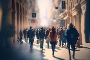 Menschen Gehen im das Straße im das Stadt verschwommen. generativ ai foto