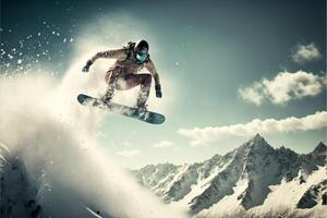 Snowboarder beim springen hoch Berge. generativ ai foto