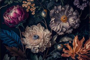 Hand gemalt Blumen wie ein üppig Muster Öl gemalt Foto. generativ ai foto
