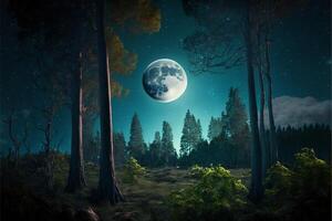 Wald mit Mondaufgang zwischen das Bäume Abend Himmel Mond. generativ ai foto