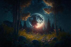 Wald mit groß Mondaufgang Garten. generativ ai foto