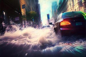 Auto ist Fahren durch ein überflutet Straße. generativ ai. foto
