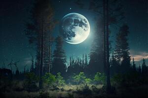 Wald mit Mondaufgang zwischen das Bäume Abend Himmel Mond. generativ ai foto