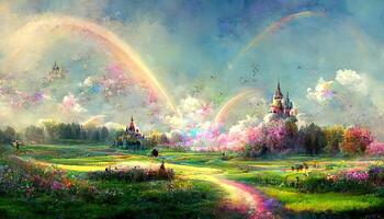 niedriger Wiese, Schloss, Regenbogen, See. Wunderland. magisch Landschaft. generativ ai foto