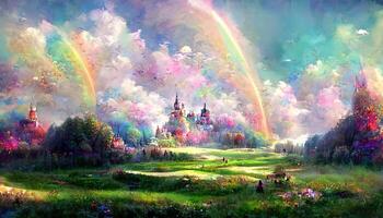 niedriger Wiese, Schloss, Regenbogen, See. Wunderland. magisch Landschaft. generativ ai foto